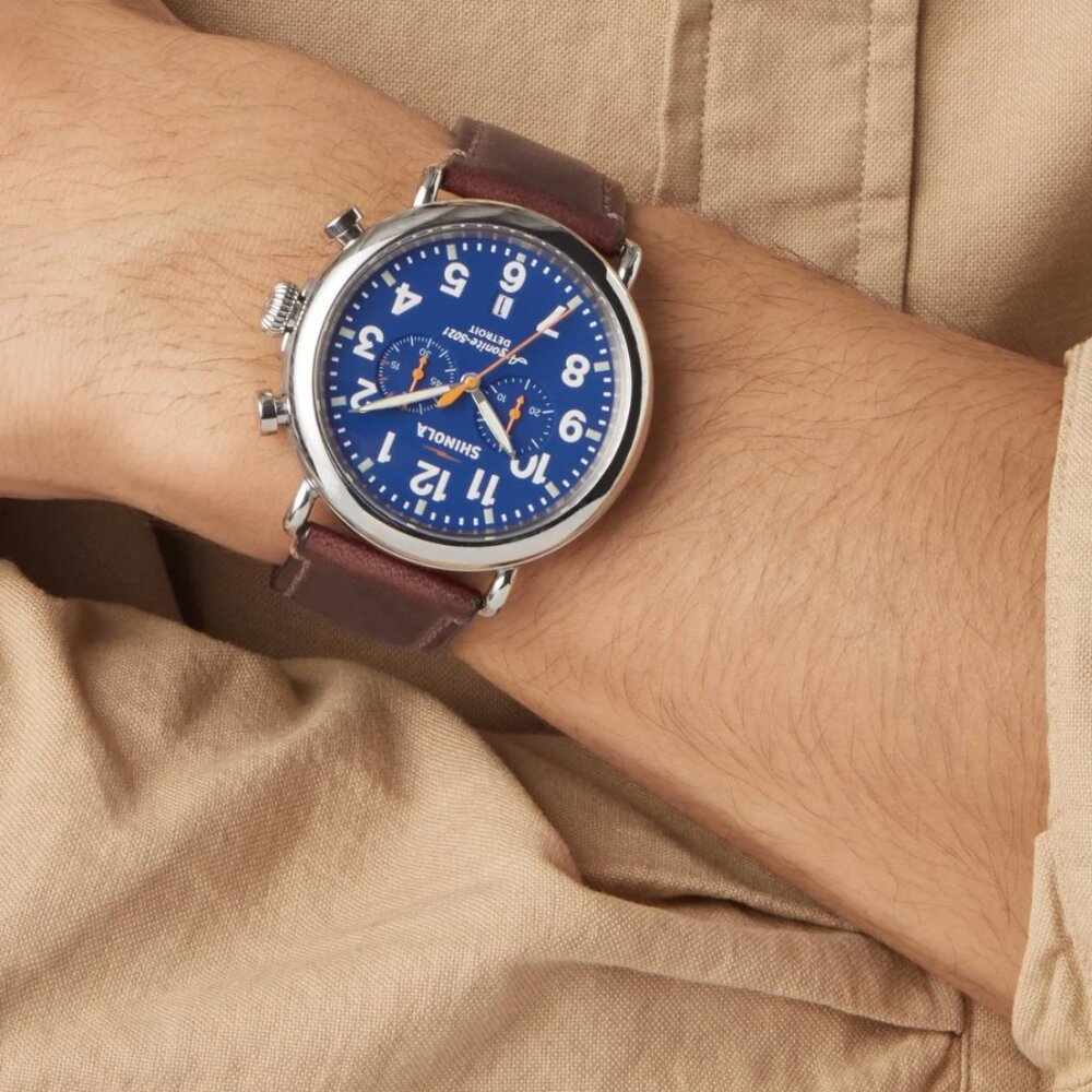 Shinola Runwell Chronograph Watch w/box- Blue face with brown leather straps